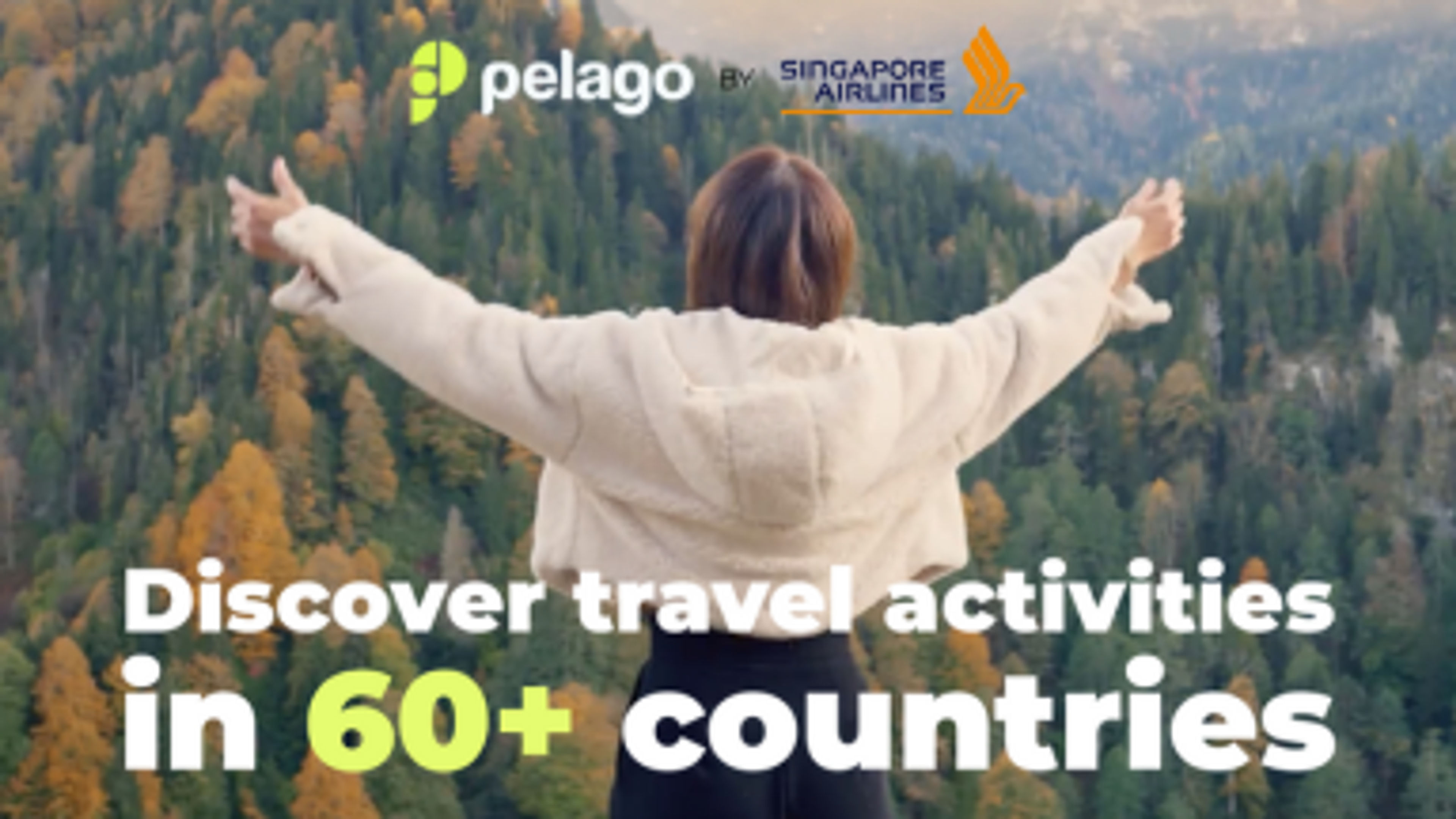 A banner image of Pelago featuring a lady traveler standing Infront of a mountain.