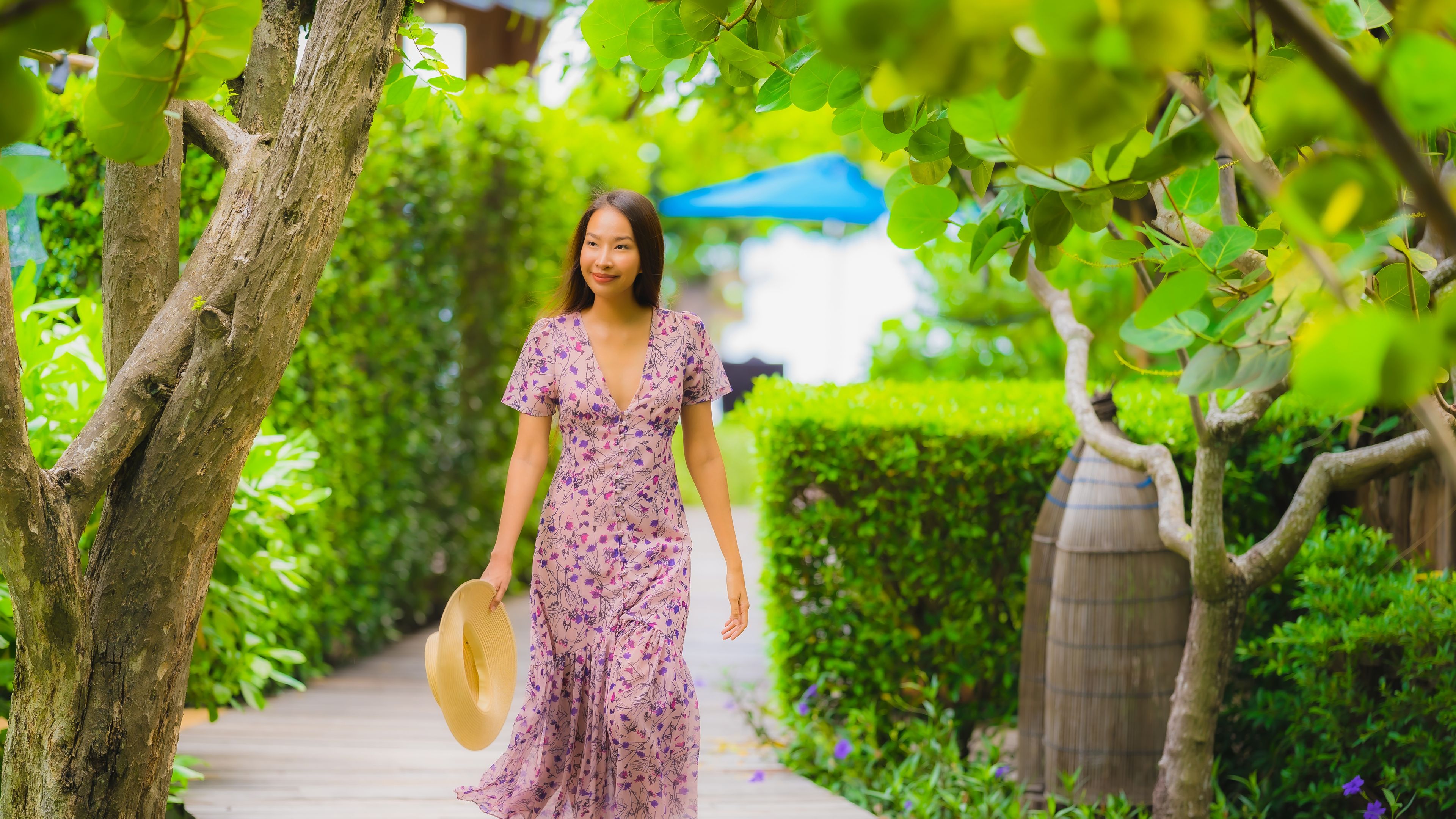 Portrait beautiful young asian woman walk on path walk  