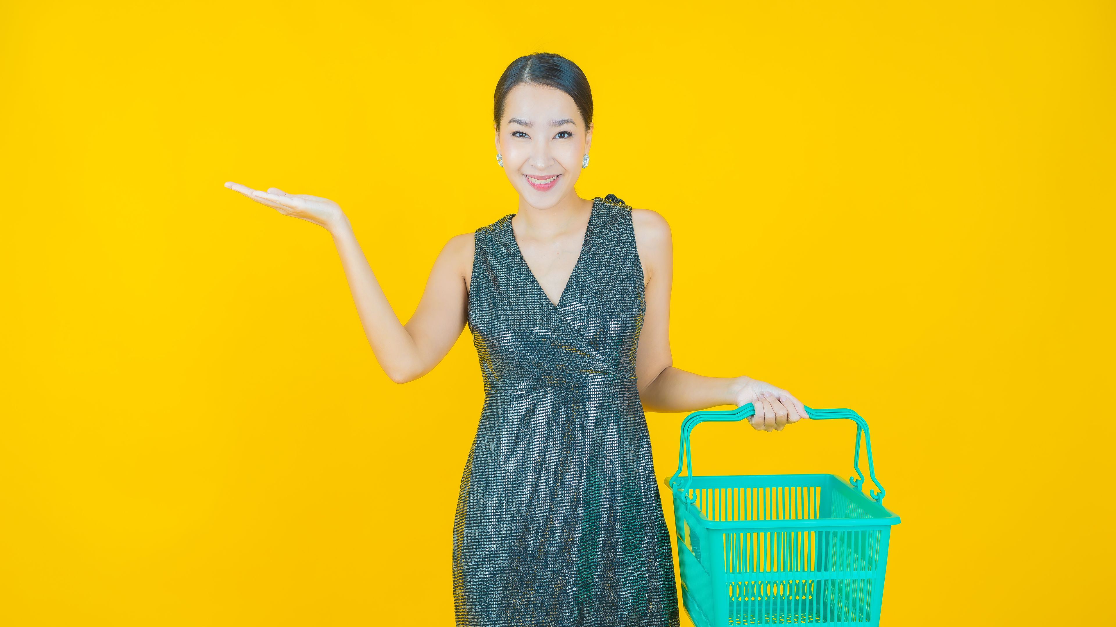 Portrait beautiful young asian woman smile with grocery basket 