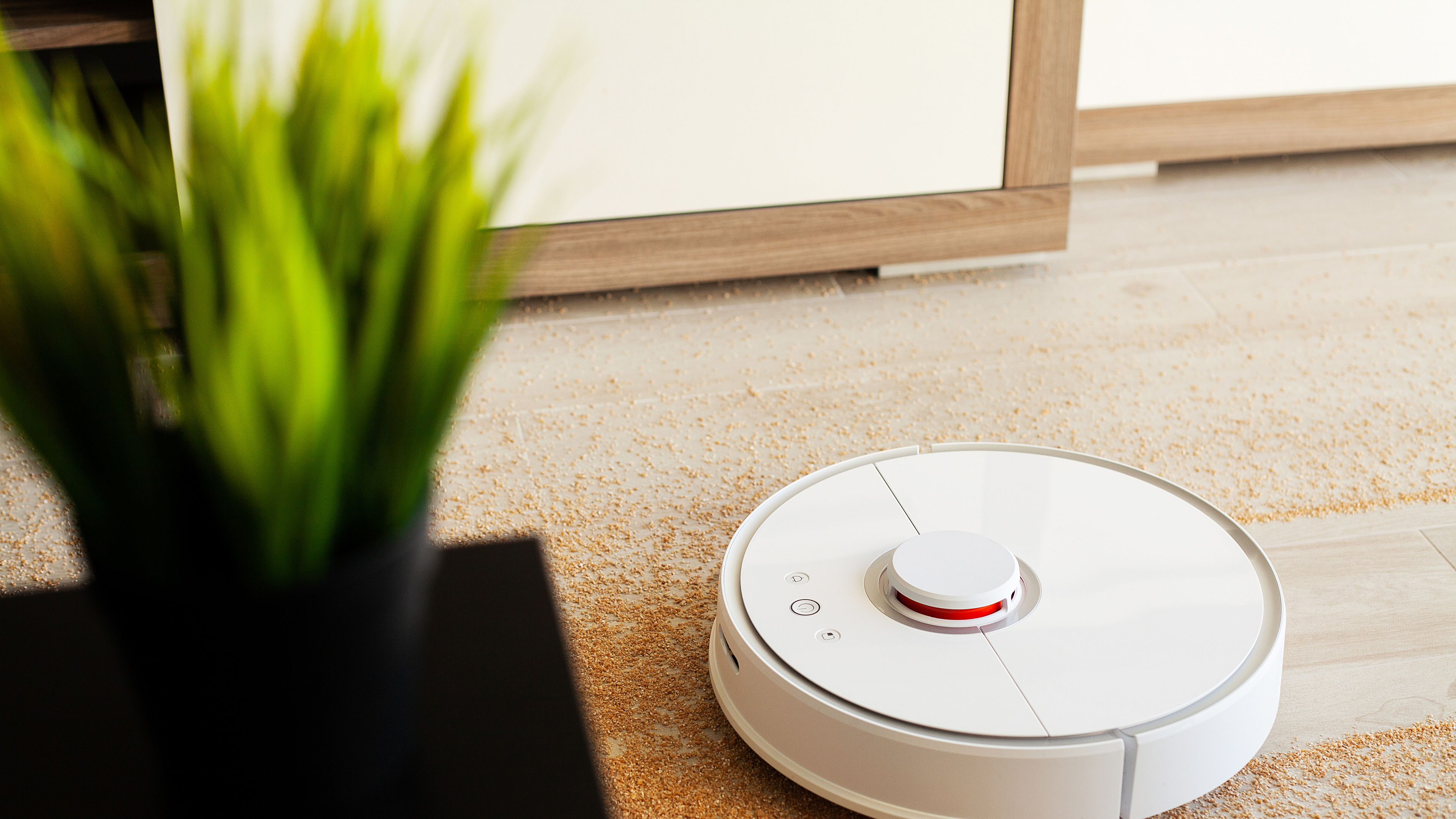 Vacuum cleaner robot runs on wood floor in a living room
